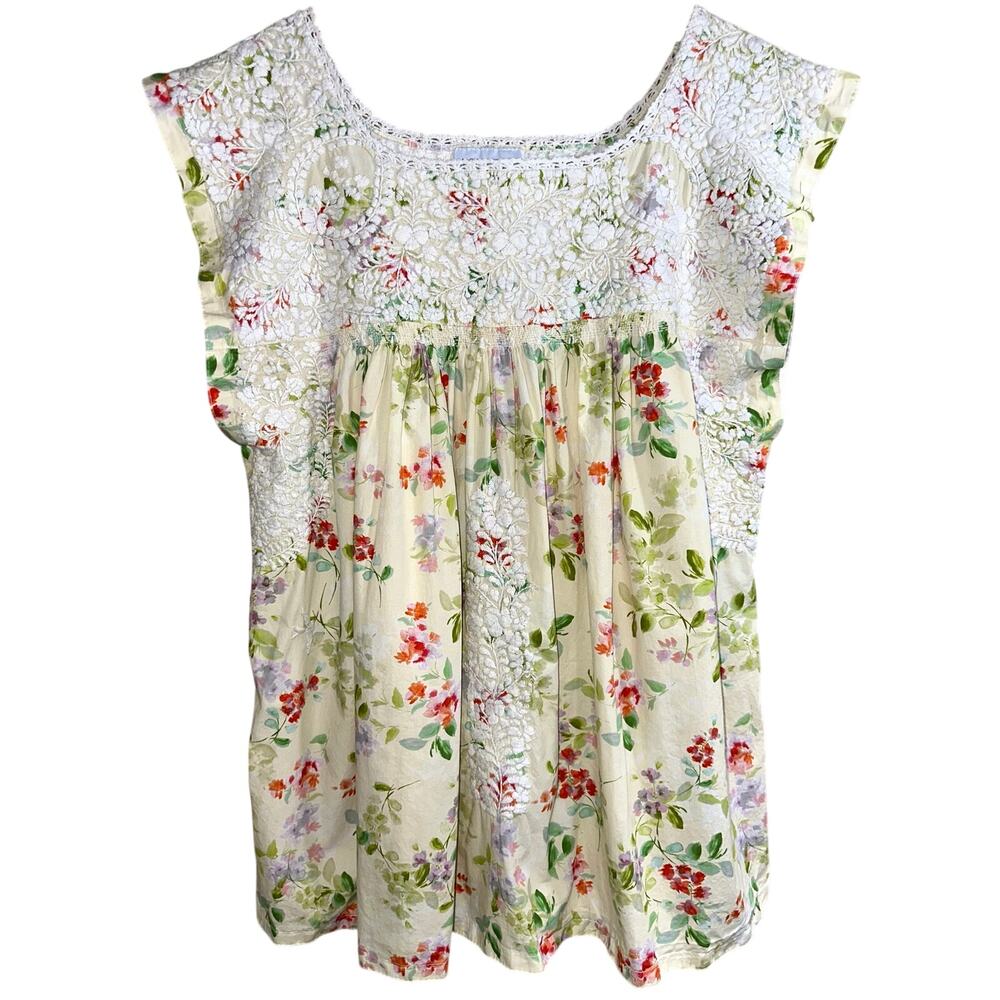 Mi Golondrina Flores Yellow Watercolor Limited Floral Embroidered Flutter Top L